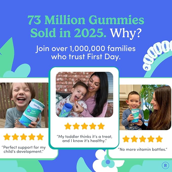 FIRST DAY Toddler Multivitamin Gummies (Ages 2-3)| Kids Multivitamin Gummies with Vitamins A C D3 B2 B12 Choline Folate and 21 Organic Superfoods| (30 Day Supply)