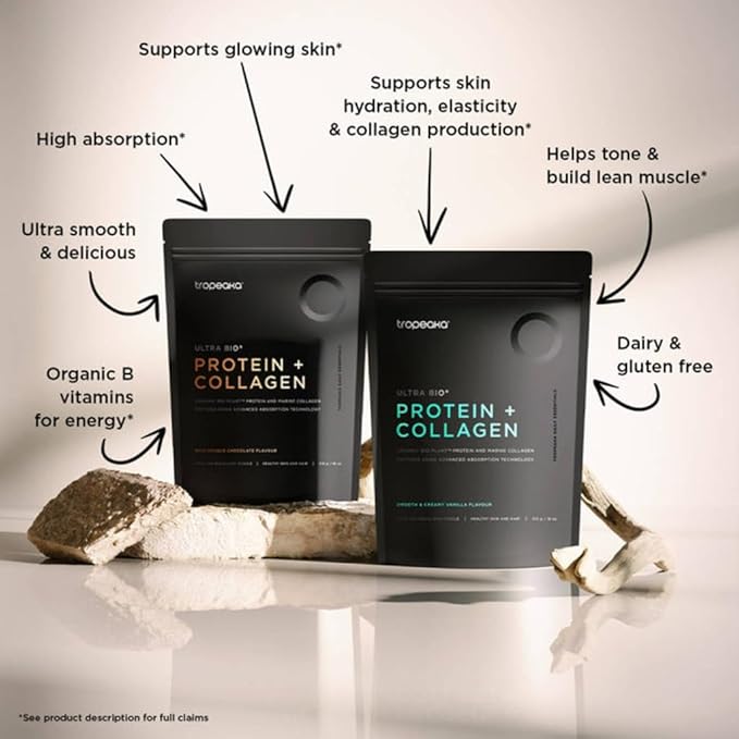 Tropeaka Collagen Protein Powder for Smoothies &amp Shakes - Creamy Vanilla - Clean Protein &amp Marine Collagen Peptides for Skin Hair &amp Nails Dairy Free Gluten Free Non-GMO 18oz (17 Servi
