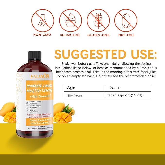 Complete Liquid Multivitamin Hair GrowthSupport for Thicker Hair &amp Facial Wrinkles in Women | Biotin 30mcg | Semen Sesami Nigrum Promotes Energy Metabolism Skin &amp Hair for Ages 18+ | 16.23 Fl