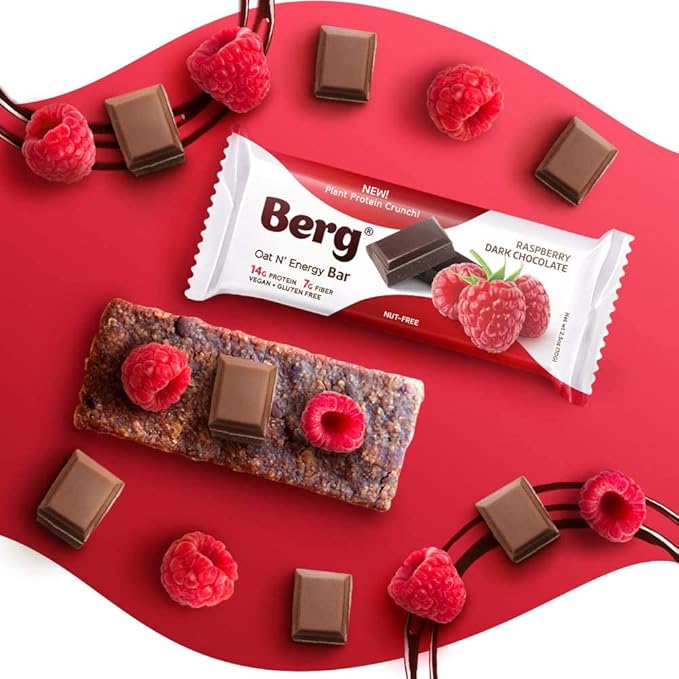 Berg Oat N' Energy Bar | Raspberry Dark Chocolate | Plant Based Protein Bar | Non-GMO Gluten Free Nut Free and Vegan | Low Sugar Healthy Snack Bar | High Fiber | On The Go | 2.5oz (8 Packs)
