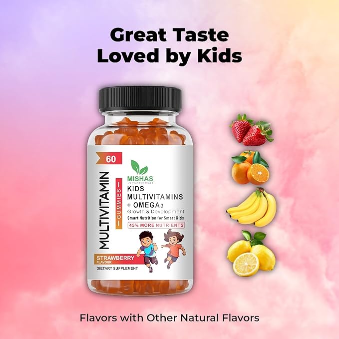 Mishas Nutraceuticals Kids Multivitamin Gummies with Omega 3 Fish Oil (EPA/DHA) Vitamin D3 C B12 B6 Vitamin A K &amp Zinc Immune Support Gluten-Free Three Fruit Flavors 60 Count (30-Day Supp
