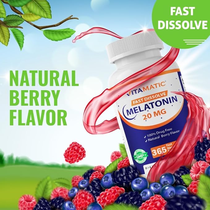 Vitamatic Melatonin 20 mg Tablets | Vegetarian Non-GMO Gluten Free | 1 Year Supply | Natural Berry Flavor - 365 Tablets
