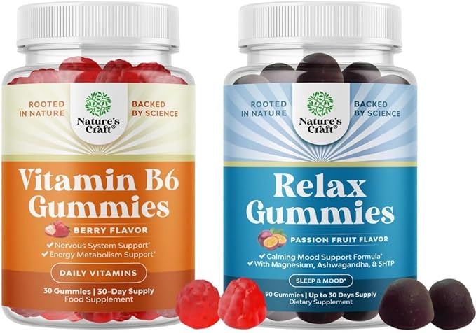 Bundle of Potent Vitamin B6 Gummies for Adults - Vitamin B Complex Supplements for Nervous System and Pure Calm and Relaxing Magnesium Supplement - Magnesium for Stress Support &amp Rest Ease for Adu