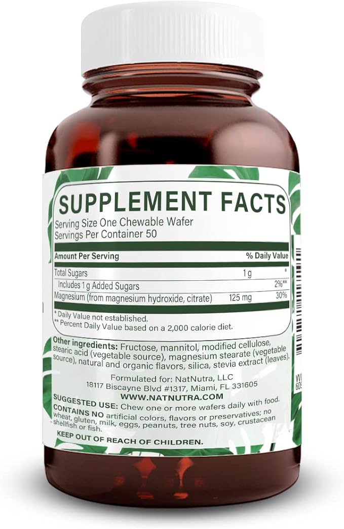 Natural Nutra Chewable Magnesium Supplement with Citrate and Chelate for Kids and Adults Promotes Better Sleep Best Pure Mag Chew for Muscle Nerve Bone and Heart Health 125mg 50 Vegan Wafers