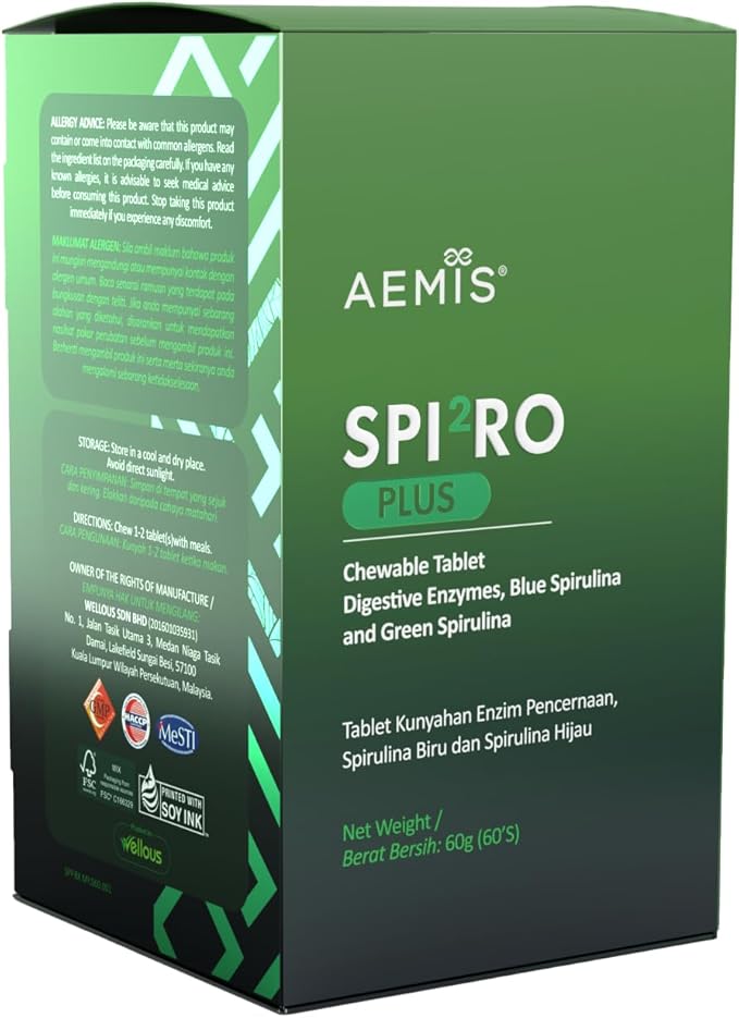 WELLOUS Aemis Spi2ro Plus Spirulina Natural Plant-Based Ingredients Fiber - Natural Nutrient Absorption Beauty Rejuvenation Remove Bad Breath 60 Tablets/Box (Pack of 2)