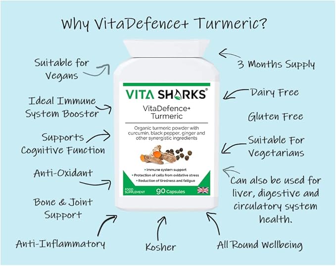 VitaDefence+ Turmeric 90 Vegan Capsules. Natural Potent Kosher &amp High Strength Ayurvedic Immune Booster