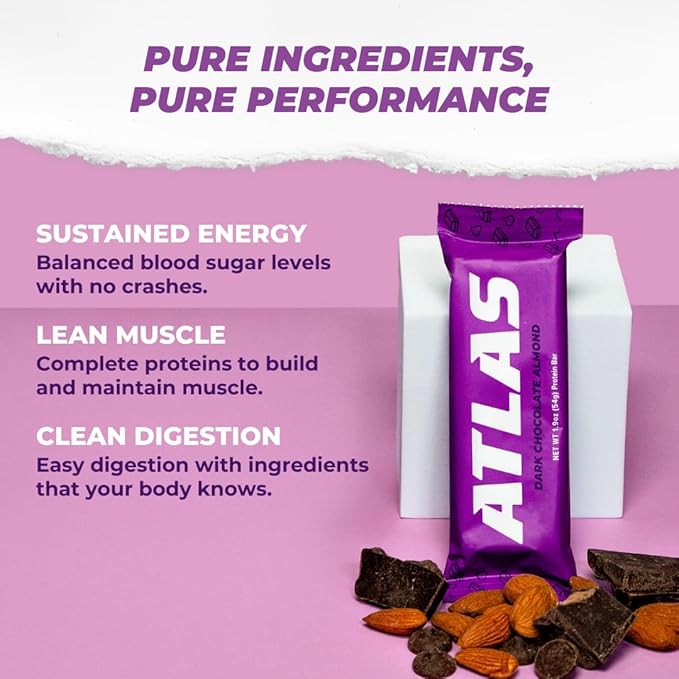 Atlas Real Food Protein Bar – 20g Clean Protein 1g Sugar No Seed Oils No Artificial Sweeteners (Dark Chocolate Almond 24 Count)