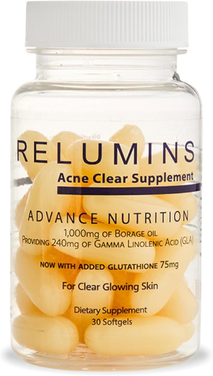 Relumins Natural Acne Softgel Spring Glow Essential – 300mg Borage Oil with GLA – Plant-Based Supplement to Support Clear Balanced Skin Smooth Texture Hydration and Daily Wellness