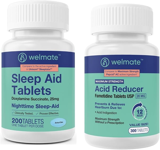 WELMATE Sleep &amp Stomach Relief Bundle | Doxylamine 25mg + Famotidine 20mg | Nighttime Aid &amp Acid Reducer | 200 + 300 Tablets