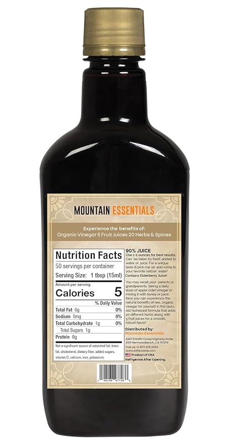 MOUNTAIN ESSENTIALS Natural Wellness Recipe Apple Cider Vinegar with Elderberry Juice Liquid Complex 25 oz | Natural Tonic Detox &amp Energize Body | Organic Wildcrafted Herbs &amp Spices Pack of 6