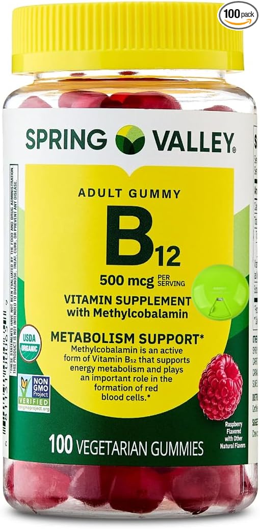 Spring Valley Vitamin B12 500mcg (as Methylcobalamin) - Raspberry Flavor - 100 Vegetarian Gummies - Energy &amp Metabolism Support with SUREFECT Organizer.