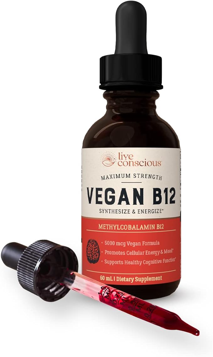 Live Conscious Vegan Vitamin B12 Sublingual Liquid Drops | Methylcobalamin Max Strength B12 5000mcg Formula | Vegan B 12 Vitamin Support Energy | Promote Memory &amp Aid Immune System | 60 Serving