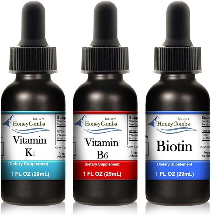 HoneyCombs Liquid Drops 1oz Each Save 10% - Alcohol-Free Oral Vitamin K1 Drops + Vitamin B6 (Pyridoxine) + Vitamin B7 (Biotin)