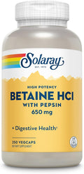SOLARAY Betaine HCL with Pepsin - High Potency Hydrochloric Acid Formula - Digestive Health Supplement with Digestive Enzymes for Gut Health Support - 60-Day Guarantee 250 Servings 250 VegCaps