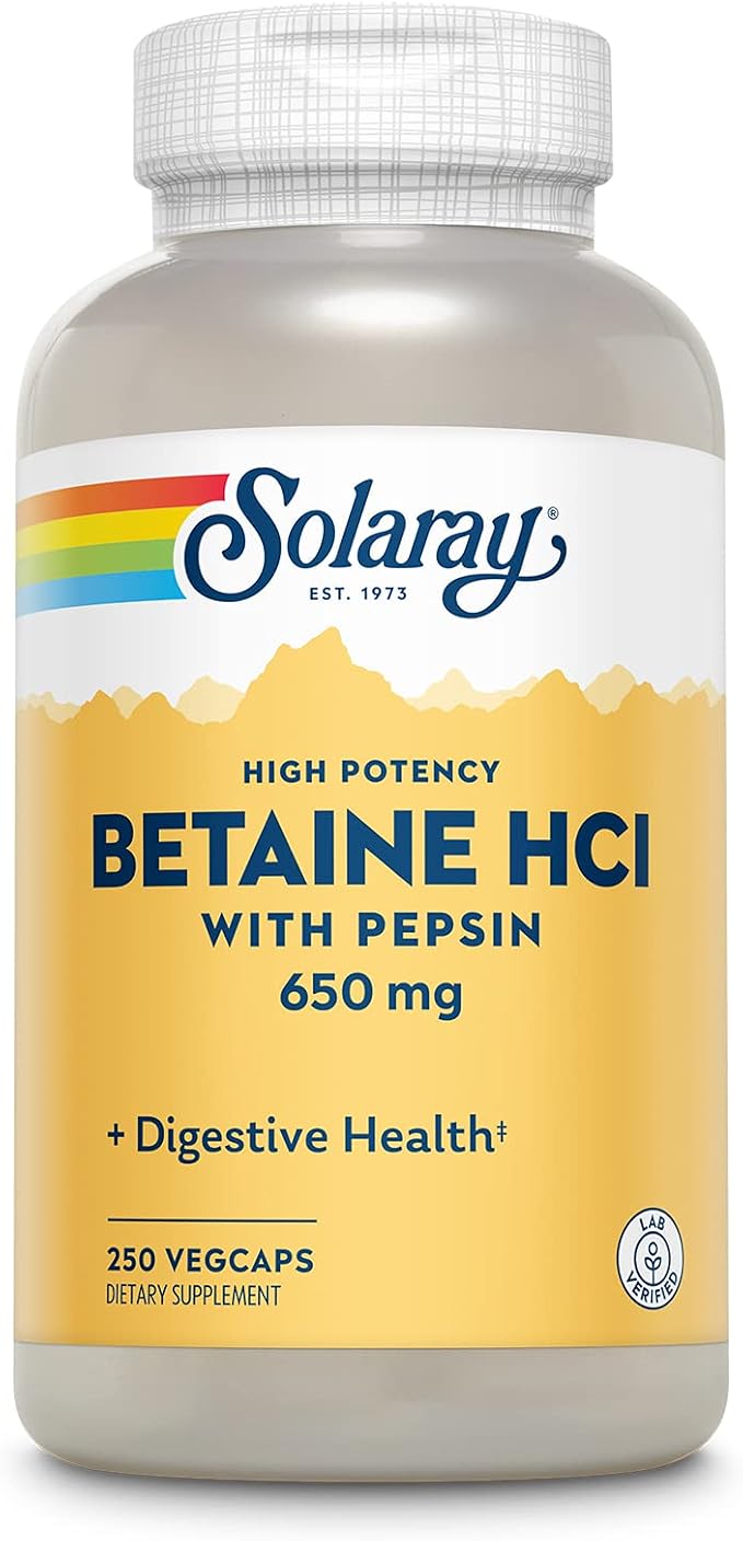 SOLARAY Betaine HCL with Pepsin - High Potency Hydrochloric Acid Formula - Digestive Health Supplement with Digestive Enzymes for Gut Health Support - 60-Day Guarantee 250 Servings 250 VegCaps