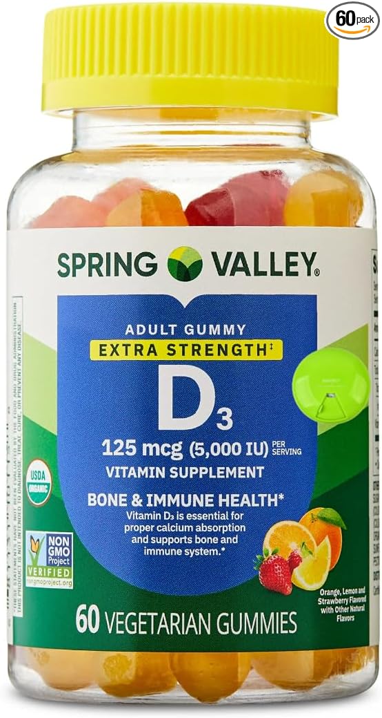 SUREFECT Spring Valley Vitamin D3 125mcg (5000 IU) - 60 Vegetarian Gummies - for Bone &amp Immune Support - Organic Gluten-Free Organizer