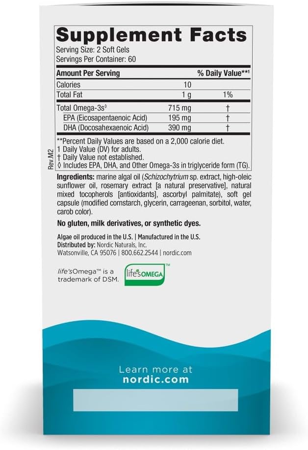 Nordic Naturals Algae Omega - 120 Soft Gels - 715 mg Omega-3 - Certified Vegan Algae Oil - Plant-Based EPA &amp DHA - Heart Eye Immune &amp Brain Health - Non-GMO - 60 Servings