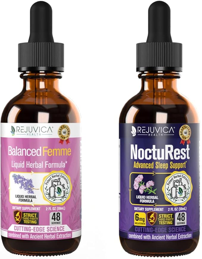 Rejuvica Health Balanced Femme + NoctuRest - Support Female Balance + Sleep - Liquid Delivery for Better Absorption - Dong Quai Melatonin Maca Hops Chamomile Theanine &amp More!