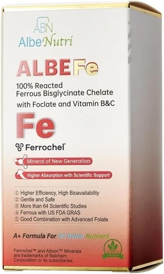 AlbeNutri - AlbeFe - Iron Bisglycinate Folate B and C Vitamins for Optimal Absorption - Gluten-Free - 30 Capsules