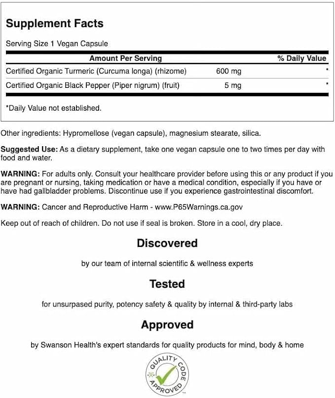 Swanson Premium Turmeric &amp Black Pepper Antioxidant Supplement for Active Adults Seeking Joint Digestion and Circulation Support - Non-GMO Organic (90 Vegan Capsules 4 Pack)