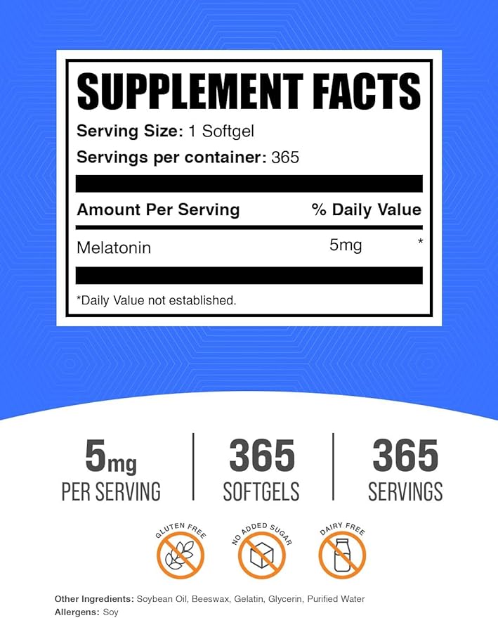 BulkSupplements.com Melatonin 5 mg Softgels - Melatonin for Adults Sleep Supplement - 5mg Melatonin per Serving Gluten Free 1 Softgel per Serving 365 Count (Pack of 2)