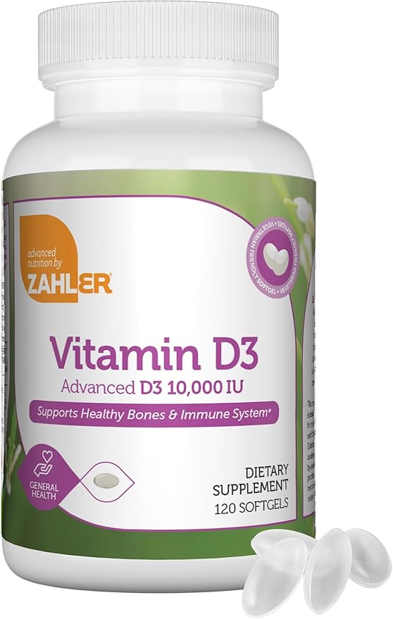 Zahler - Advanced Vitamin D3 10000 IU Softgels (120 Count) Kosher Vegetarian Friendly Vitamin D for Immune Support Bone Teeth &amp Muscle Health - Daily D3 Vitamin Supplement for Adults - Easy Swa