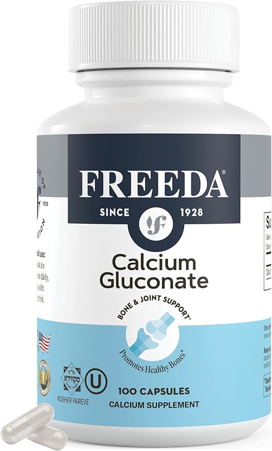 Freeda Calcium Gluconate – Kosher Vegan Calcium Supplement – Easy to Digest &amp Absorb – Supports Bone Strength – Pure Calcium Without Vitamin D – (100 Capsules)