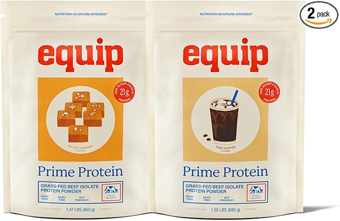 Equip Foods Prime Protein Powder - Salted Caramel &amp Iced Coffee - Grass Fed Beef Protein Powder Isolate - Paleo and Keto Friendly &amp Gluten Free - Helps Build and Repair Tissue