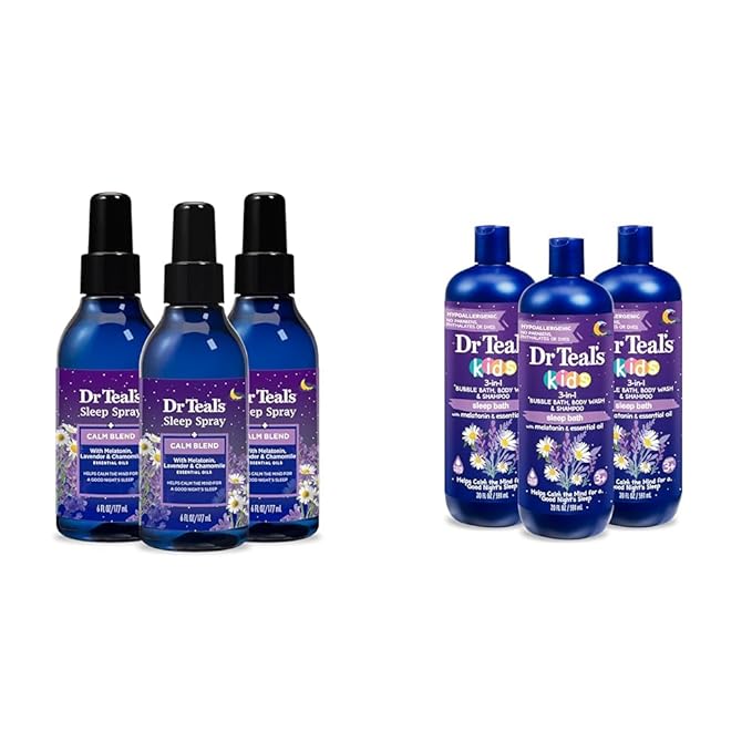 Dr Teal's Sleep Spray with Melatonin &amp Essential Oil Blend 6 fl oz (Pack of 3) &amp Kids 3-in-1 Sleep Bath: Bubble Bath Body Wash &amp Shampoo with Melatonin &amp Essential Oil 20 fl oz (Pac