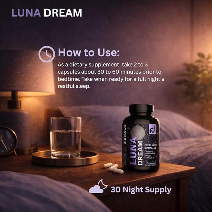 Luna Dream Natural Sleep Supplement for Relaxation &amp Restful Sleep (90 Capsules) - Natural Sleep Aid with Valerian Root Ashwagandha Magnesium L-Tryptophan Lemon Balm &amp More - Melatonin Fr