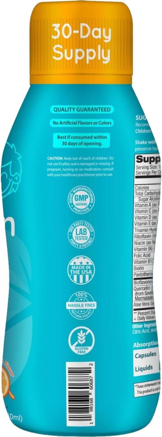 Sugar Free Liquid Multivitamin for Kids - High Absorption Kids Liquid Multivitamin with Vitamins A C D E &amp B Complex Plus Quercetin Immune Support Complex - 3rd Party Tested - Orange Flavor (1 Mon