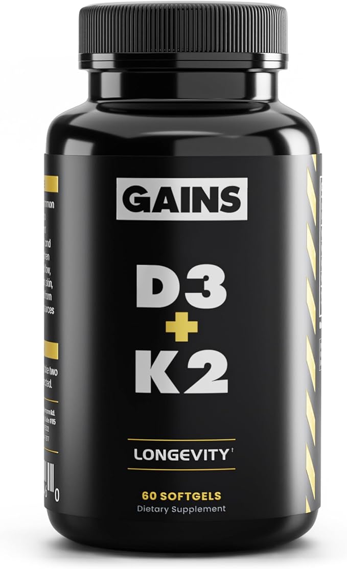 Gains in Bulk D3 K2 Supplement Vitamin D3 5000 IU Vitamin K2 100 Mcg Vitamin A 5000 IU Algae Oil with Omega 3 Wellness Support for Men &amp Women Gluten Free Vegan Non GMO 60 Softgels