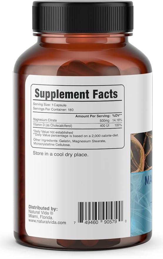 Magnesium Citrate 500mg + Vitamin D 180 Capsules - 12 Months Supply - Easily Absorbed - Muscle Heart &amp Digestive Support - One per Day Non-GMO (2)