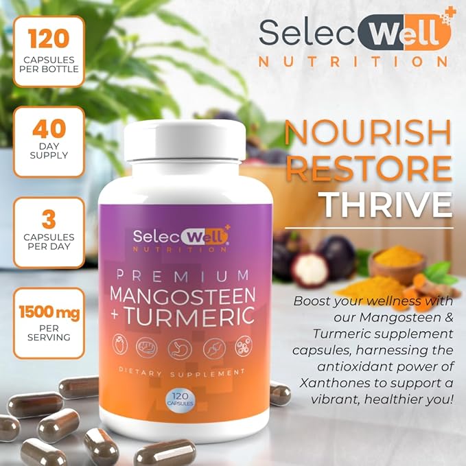 Mangosteen + Turmeric Capsules | Joint &amp Digestion Support | Formulated for Wellness Includes Natural Ingredients | 120 Vegetarian Capsules 1500mg per Serving