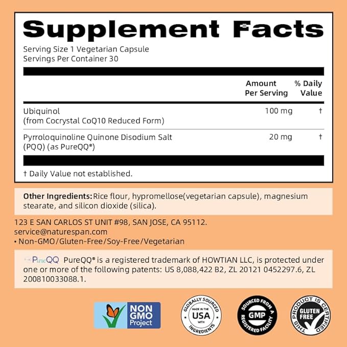 Cocrystal Coenzyme PQQ- Each Capsule Contains 100mg Reduced coenzyme and 20mg PQQMitochondrial Supplements Cell nutrients Pregnancy Preparation30 Capsules