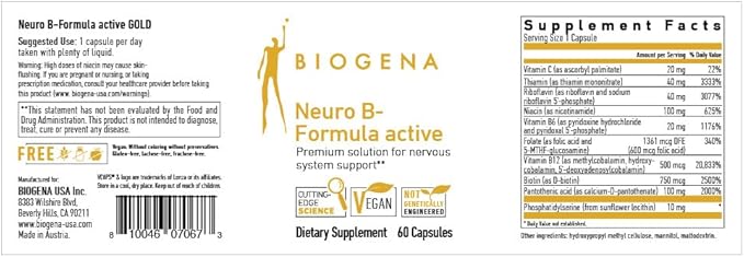 Biogena Vitamin B Complex Capsules with All 8 b-Vitamins B1 B2 B6 B12 folate niacin biotin and pantothenic Acid to Support Psyche &amp Nervous System** - Neuro B-Formula Active Gold