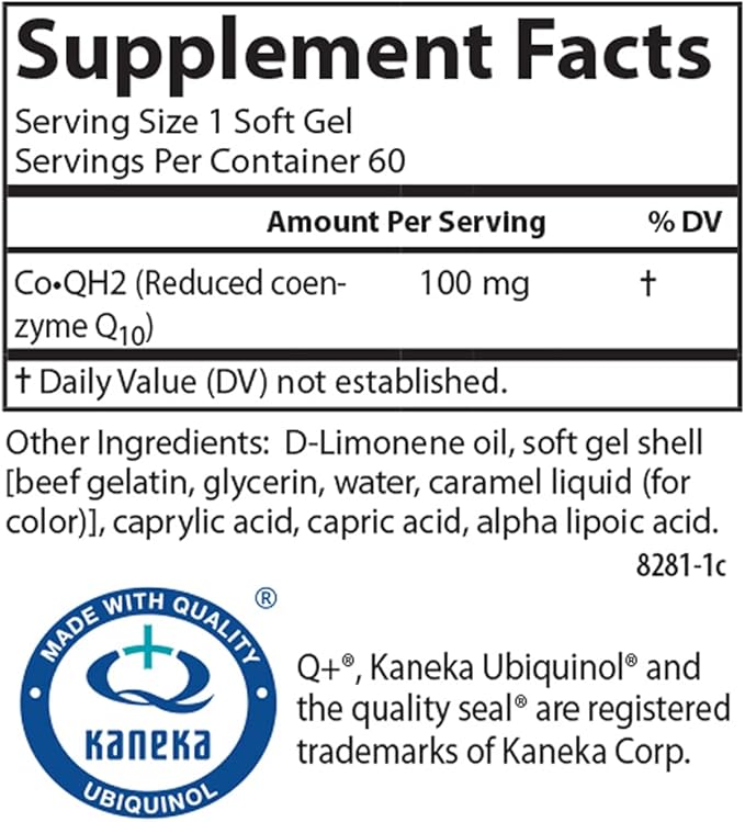 Carlson - Co-QH2 Ubiquinol Active Form of Co-Q10-100 mg Energy Production &amp Heart Health Antioxidant 60 Softgels