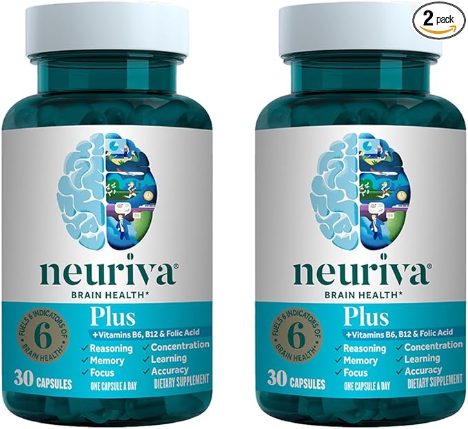 NEURIVA Plus Brain Supplement for Memory Focus &amp Concentration + Cognitive Function with Clinically Tested Nootropics Phosphatidylserine and Neurofactor VIT B6 &amp B12 30 Count Capsules (2 Pa