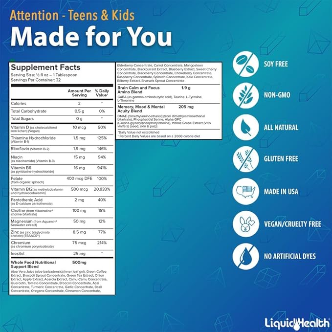 LIQUIDHEALTH Attention Liquid Multivitamin for Kids &amp Teens - Improves Memory Retention Concentration Focus Mood Relaxation &amp Calming - Made in The USA Great Taste Vegan Sugar-Free (16