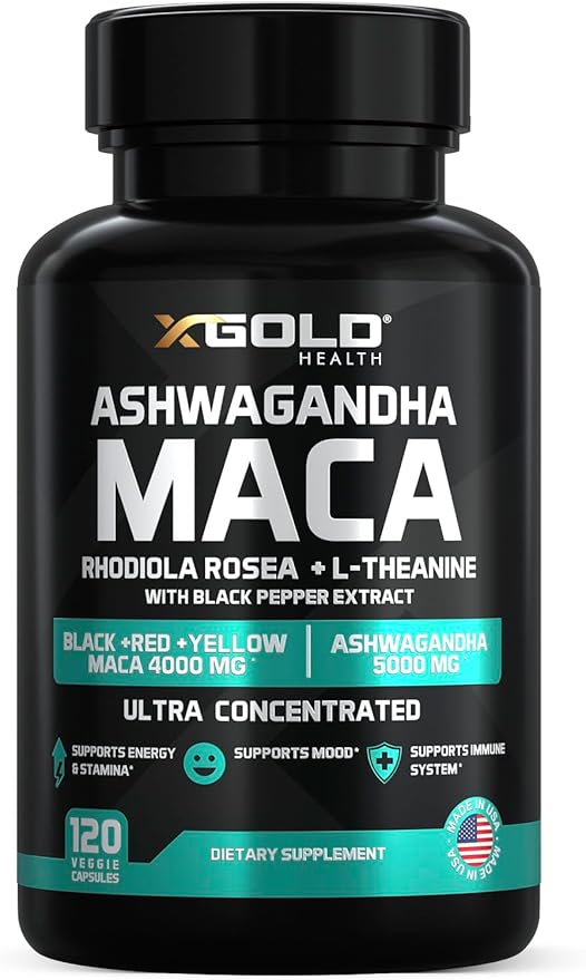 Ashwagandha 5000mg + Maca Root Black Red Yellow 4000mg Rhodiola &amp L-Theanine: 30:1 Extract Ashwagandha Capsules 20:1 Extract Maca Root Capsules - Supplement for Men and Women