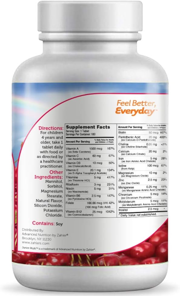 Zahler Junior Multi™ Complete Once-Daily Multi-Vitamin Natural Cherry 180 Chewable Tablets