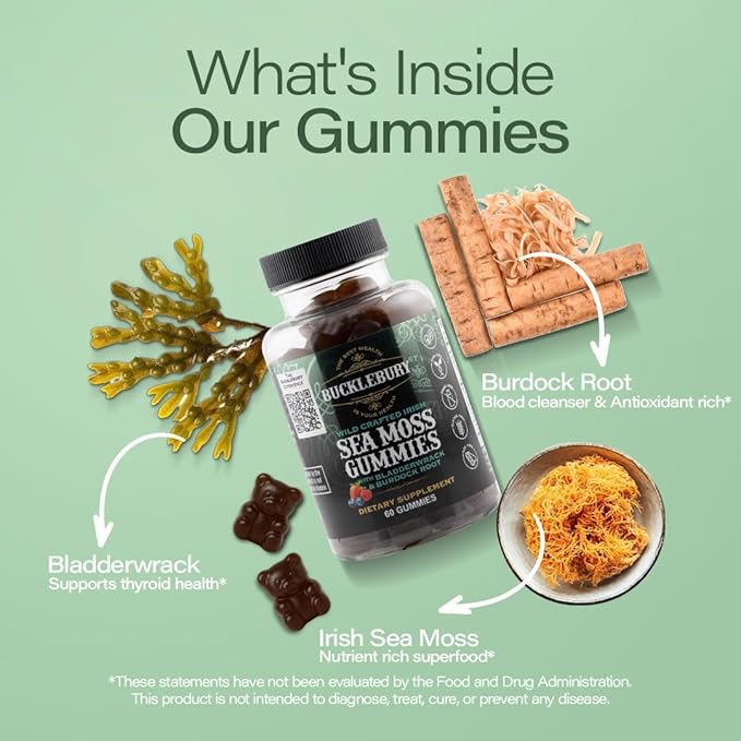 BUCKLEBURY Wild Crafted Irish Sea Moss Gummies with Bladderwrack &amp Burdock Root - Natural Chewable Multivitamin Vegan Sea Moss Gummies for Immune Thyroid &amp Digestive Support - 60 Count