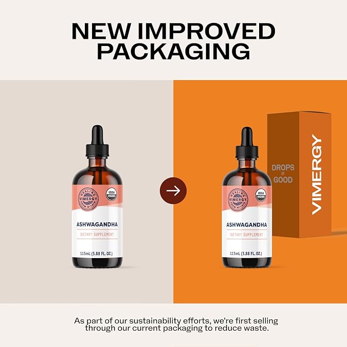 VIMERGY USDA Organic Ashwagandha Liquid Extract 57 Servings –Stress Supplement Drops – Adaptogen - Supports Cognitive Function – Sleep Support – Alcohol-Free Non-GMO Vegan &amp Paleo Friendly (115