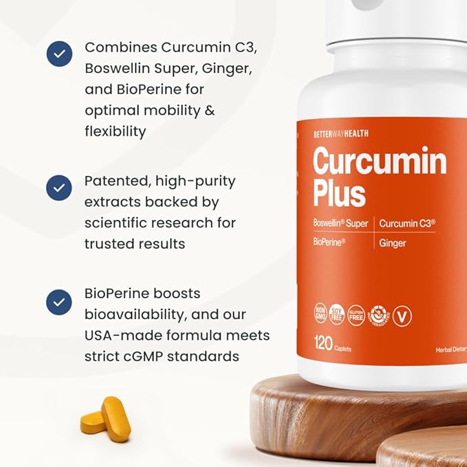 Better Way Health™ Curcumin Plus – Turmeric Curcumin C3® Complex with Boswellin® BioPerine® and Ginger – Joint Support &amp Inflammation Relief Supplement – 120 Caplets