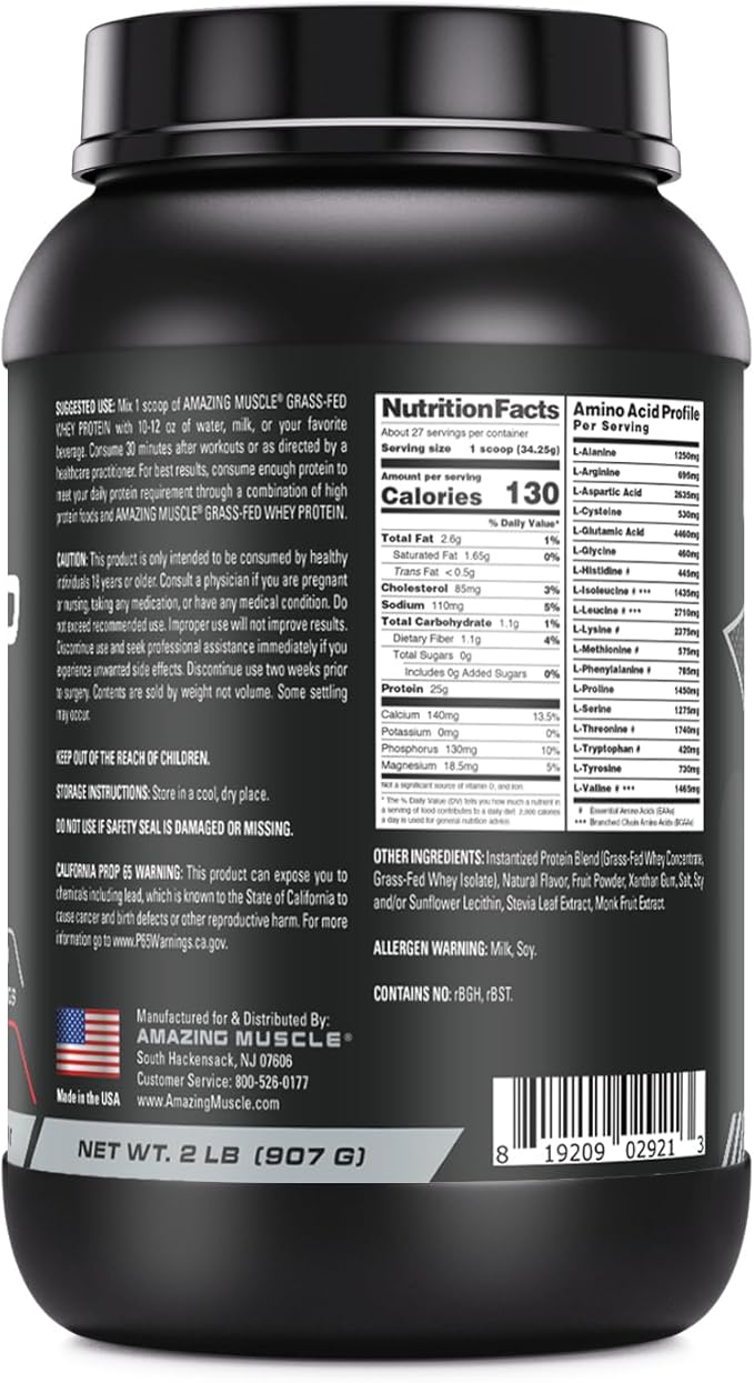 Amazing Muscle Grass-Fed Whey Protein Powder Supplement | 2 Lb (907 G) | Non-GMO | Glute-Free | Made in USA