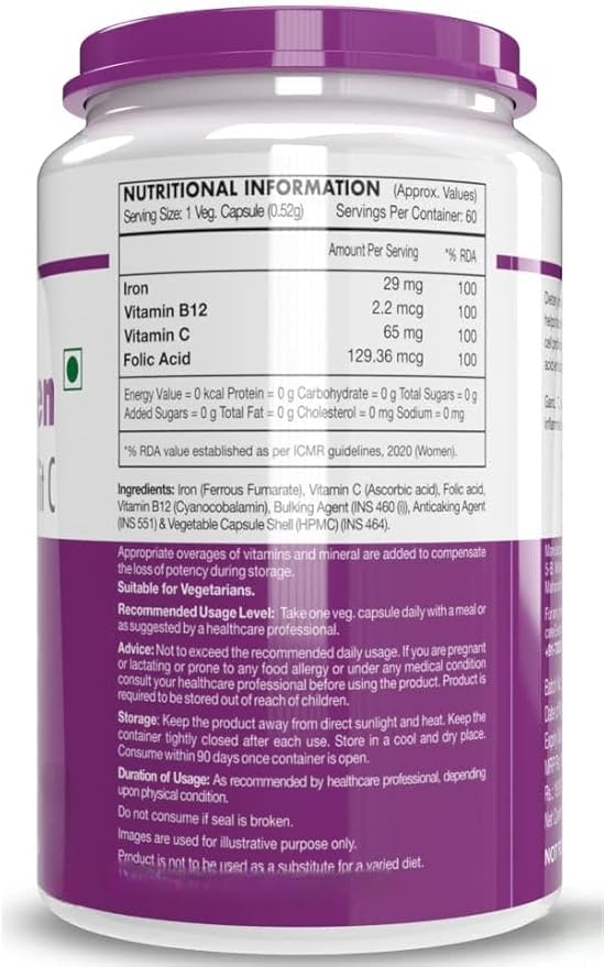 Iron Supplement for Women -100% Chelated - with Vitamin B12 Folic Acid &amp Vitamin C for High Absorption (60 Veg Capsules)