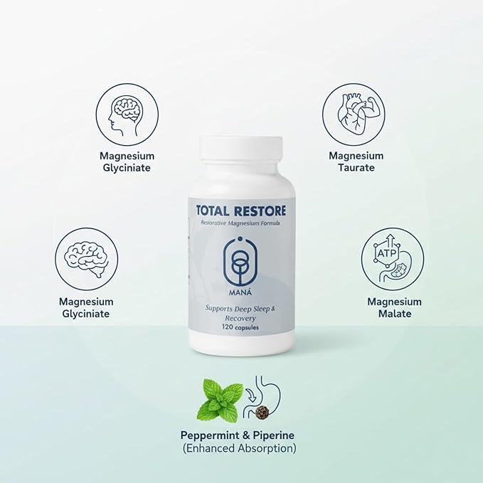 Total Restore Premium Magnesium Blend – Natural Sleep Aid Overnight Recovery – 800mg Magnesium Glycinate Taurate &amp Malate – Melatonin-Freek Best Sleep aids for adults120 Capsules