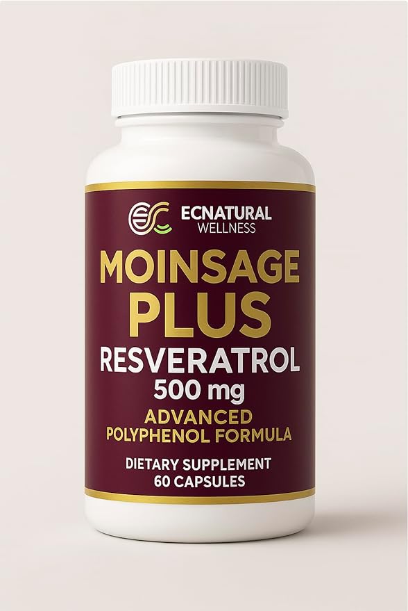 MoinsagePlus Resveratrol 500 mg – Daily Polyphenol Supplement | 60 Vegan Capsules | Plant-Based Ingredients | Allnatural | Gluten Free | Sugar Free | No Artificial Additives | Made in USA