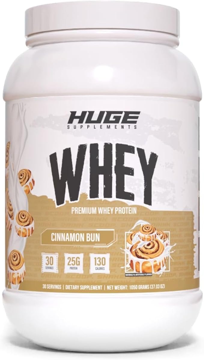 Huge Whey Protein Powder for Muscle Gain 25g Protein 12g EAAs Supports Muscle Growth Performance &amp Recovery (Cinnamon Bun 30 Servings)