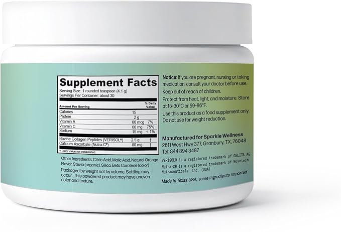 Sparkle Wellness VERISOL Bioactive Hydrolyzed Collagen Peptides | Collagen Powder Supplement with Vitamin C for Skin Hair &amp Nail Health | Skin Boost (Orange) [30-Serves]
